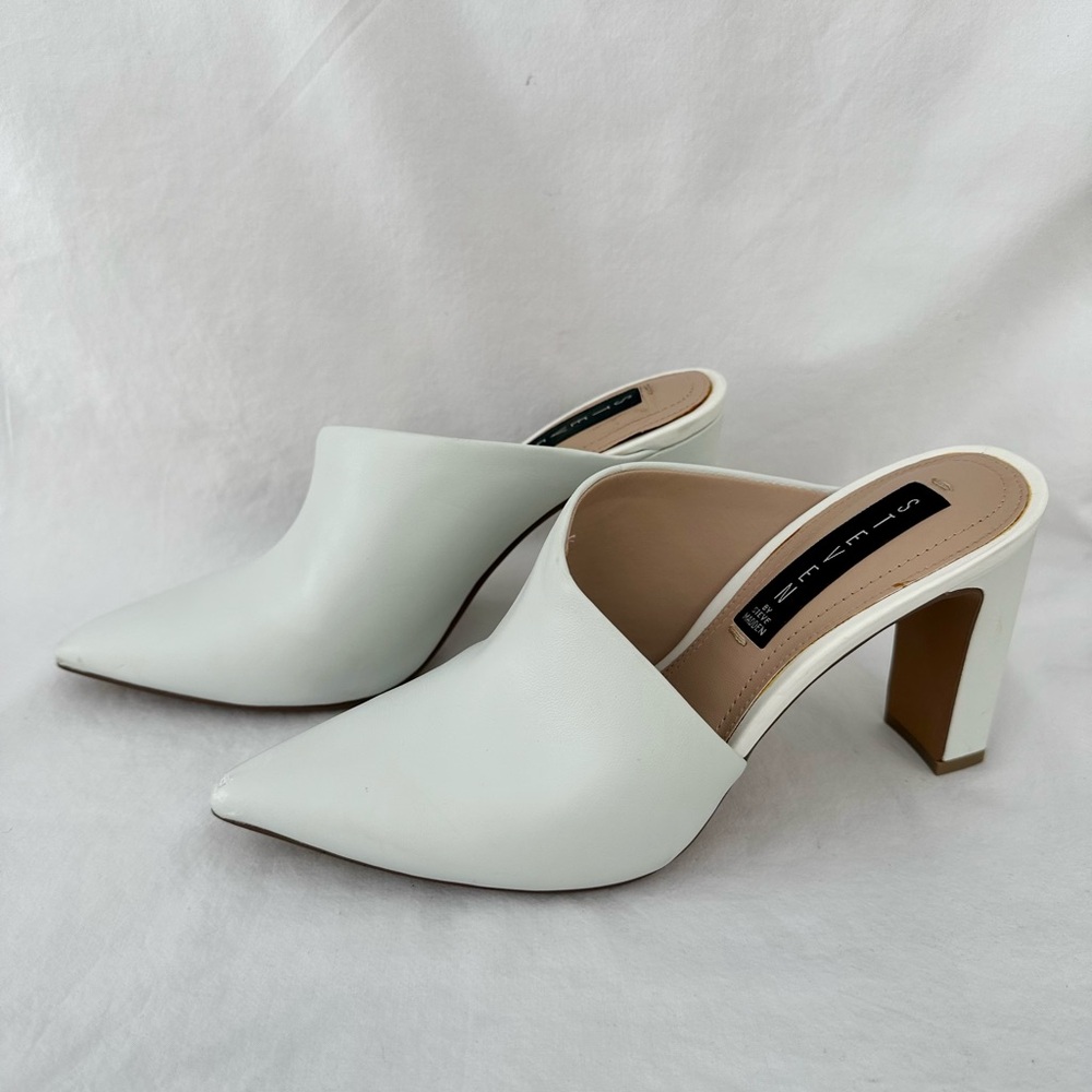 White leather heeled mules